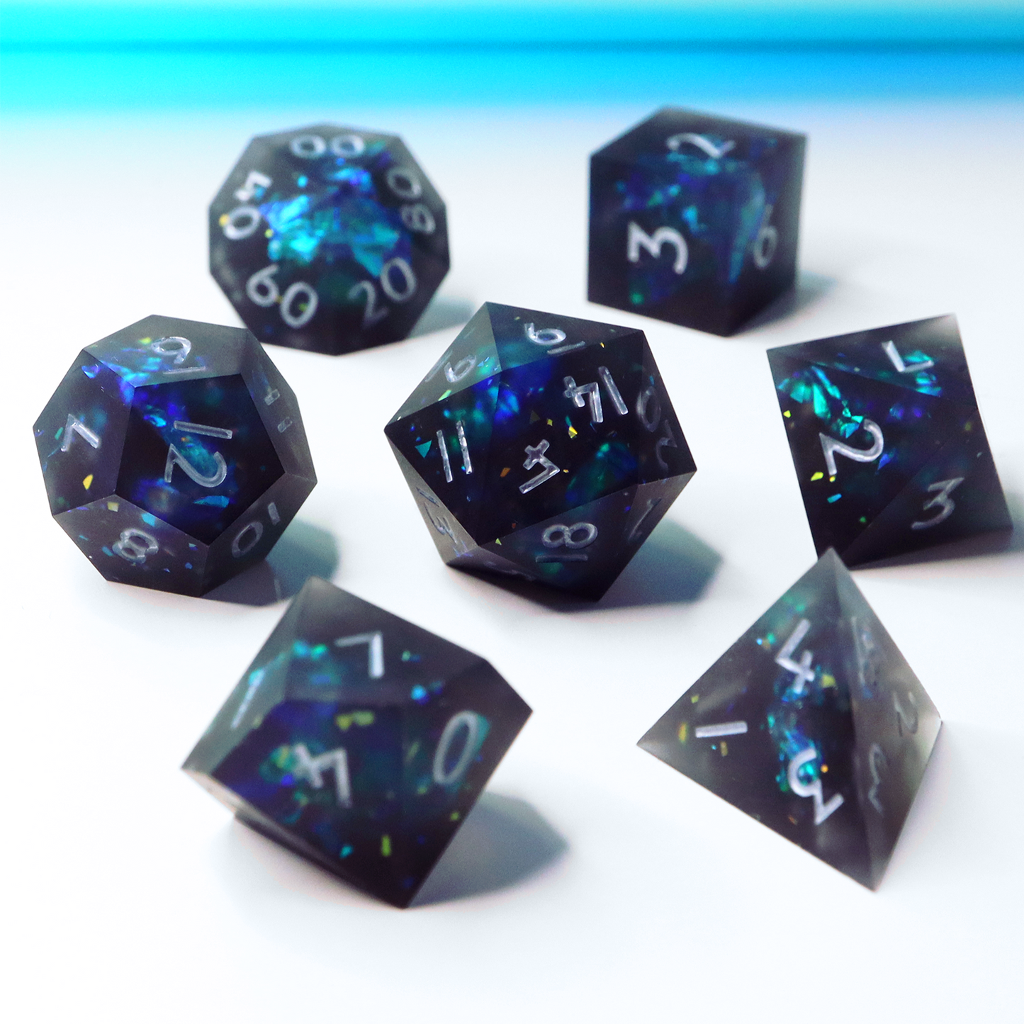 Deep Space - handmade sharp edge 7 piece dice set