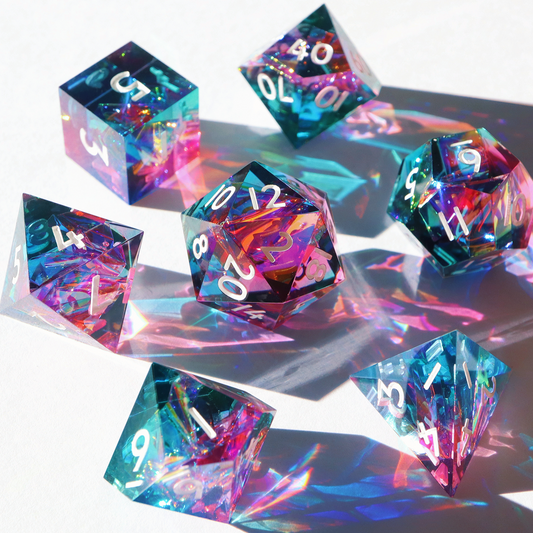 Hologram Gems - handmade sharp edge 7 piece dice set