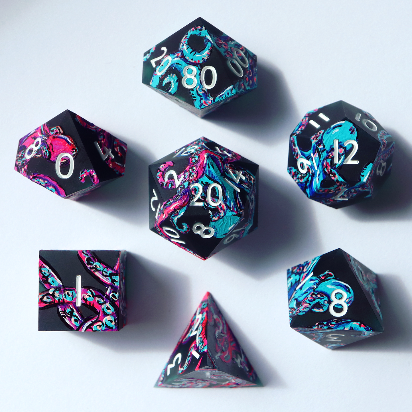 LIMITED RUN - Neon Abyss - handmade sharp edge 7 piece dice set
