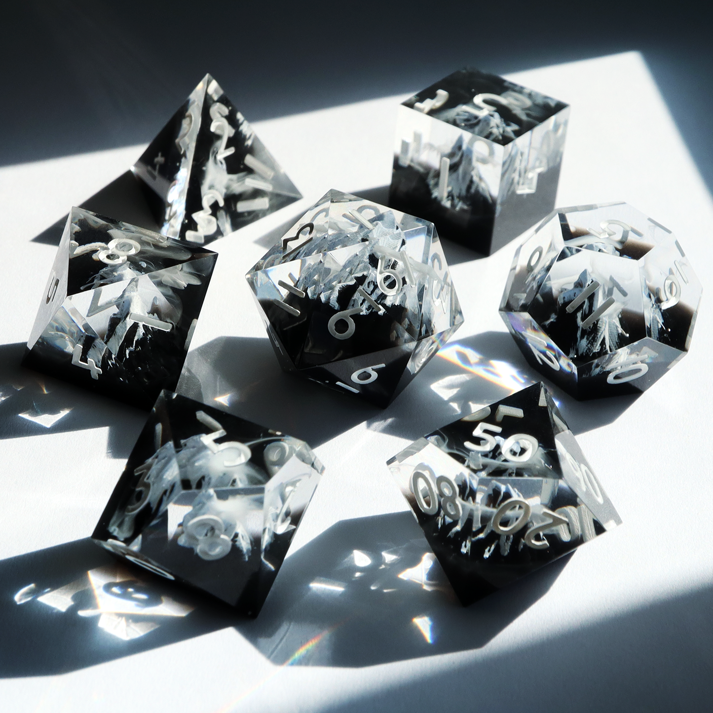 Wyvern Spires - handmade sharp edge 7 piece dice set