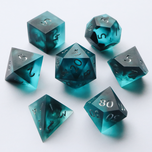 Drowned Sea - handmade sharp edge 7 piece dice set