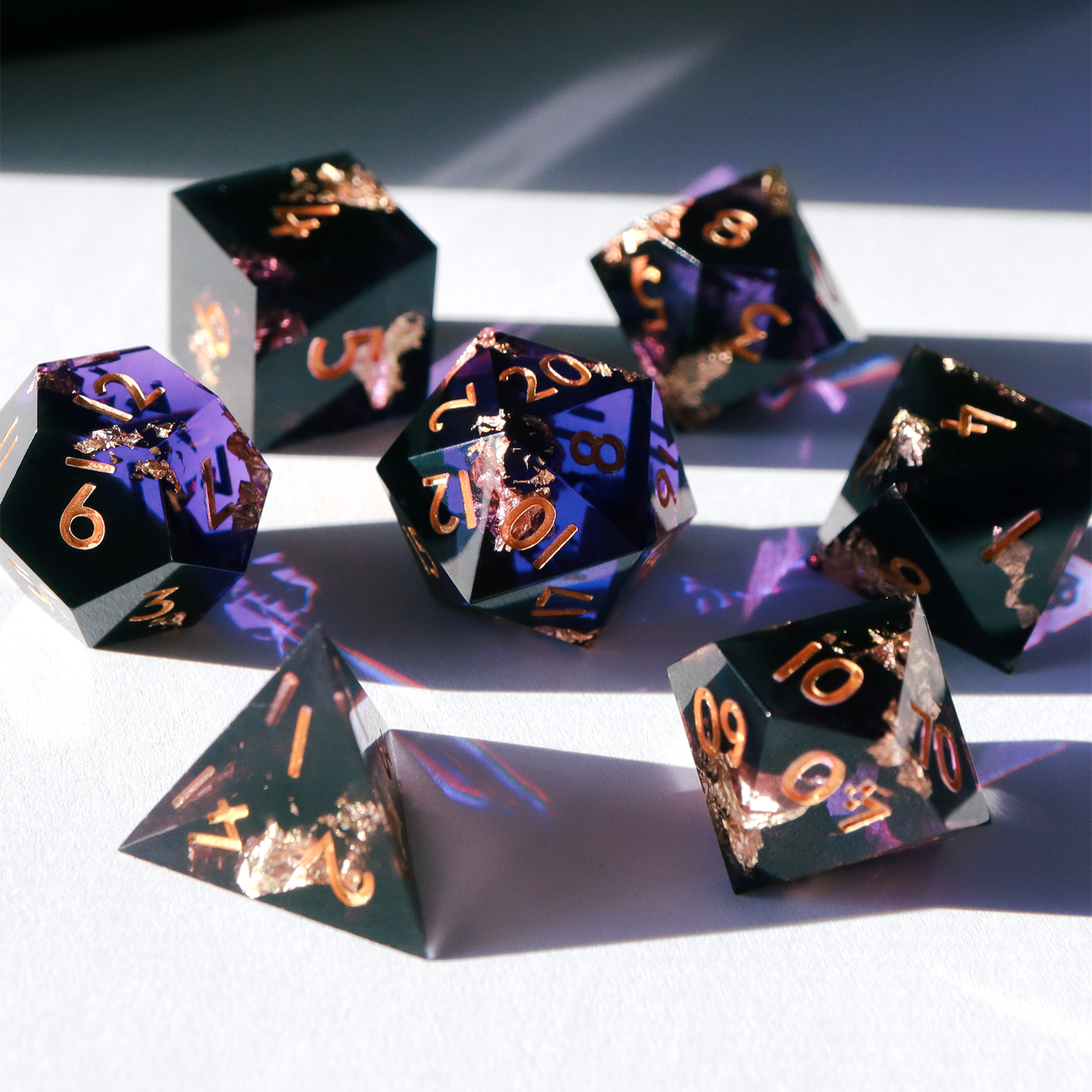 Heretic's Glory - handmade sharp edge 7 piece dice set