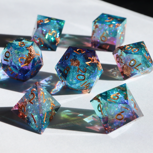 Nebula Patina - handmade sharp edge 7 piece dice set