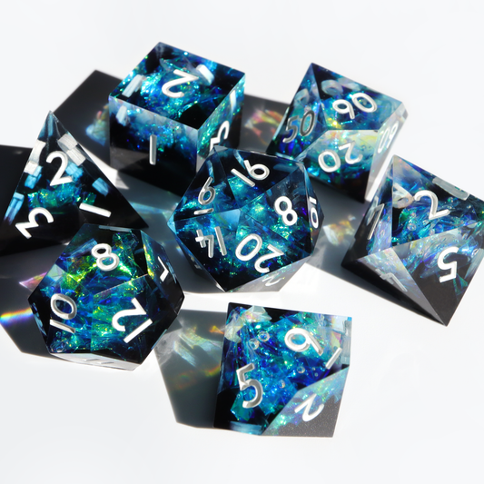 Stardust Geode - handmade sharp edge 7 piece dice set