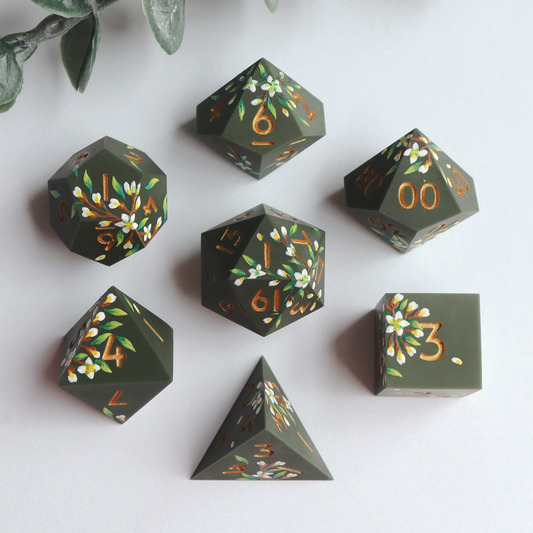 Wallflower - hand-painted & handmade sharp edge 7 piece dice set